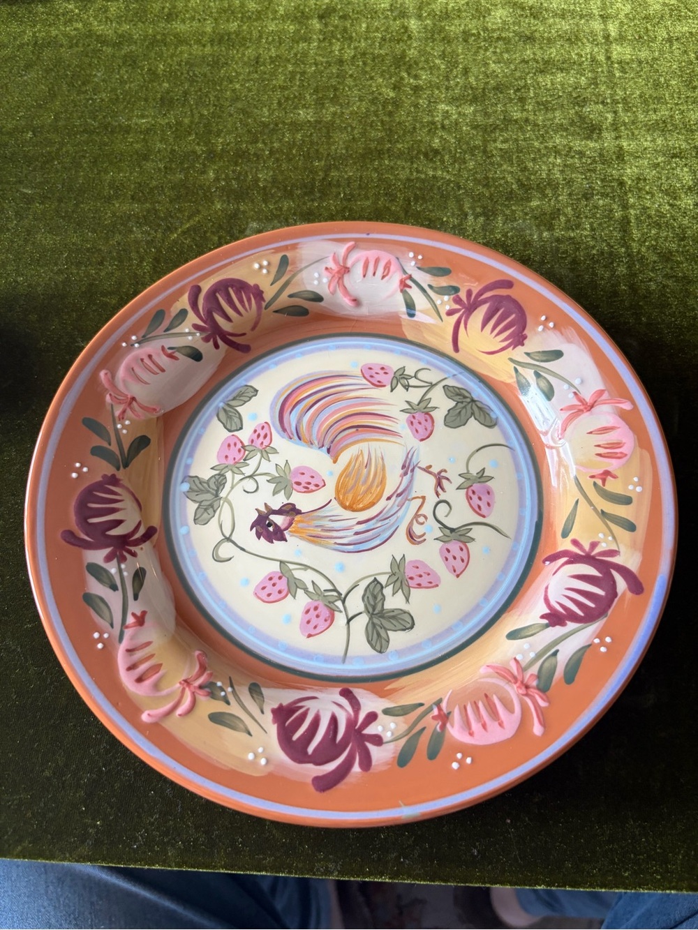 Hand-Painted Orange Rooster Ceramic Dinner Plate with Pink Accents